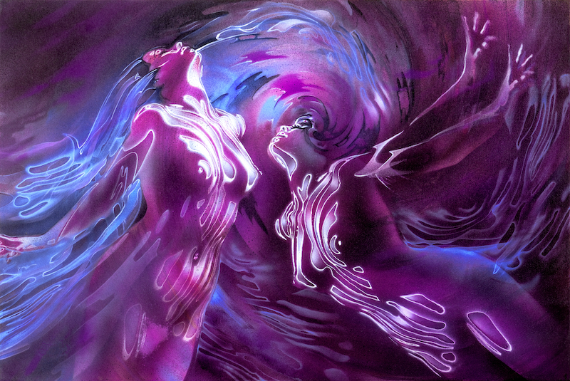 Two,Female,Bodies,Nude,Sexy,With,Striped,Light,In,White