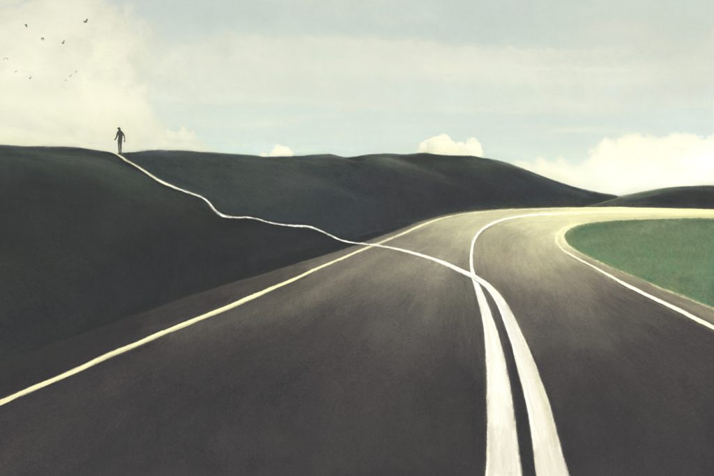 Illustration,Of,Man,Changing,Direction,,Surreal,Abstract,Choice,Concept